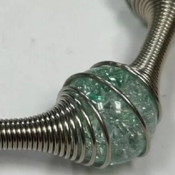 Industrial Design Bracelet Wire Springs & Clear and Green Glass Balls - Picture 3 of 4